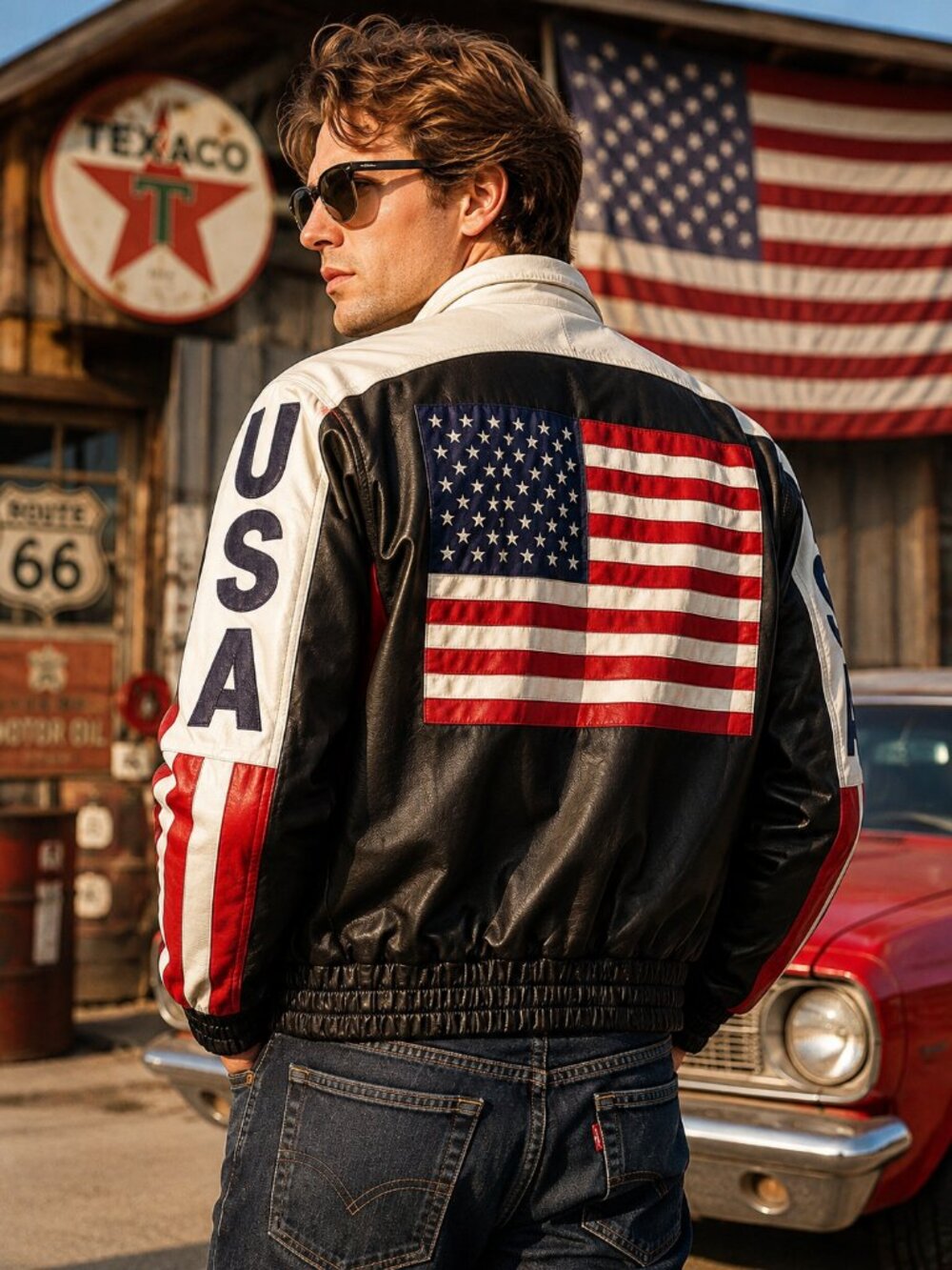 Cosa Nova USA American Flag Leather Bomber Jacket Mens Large